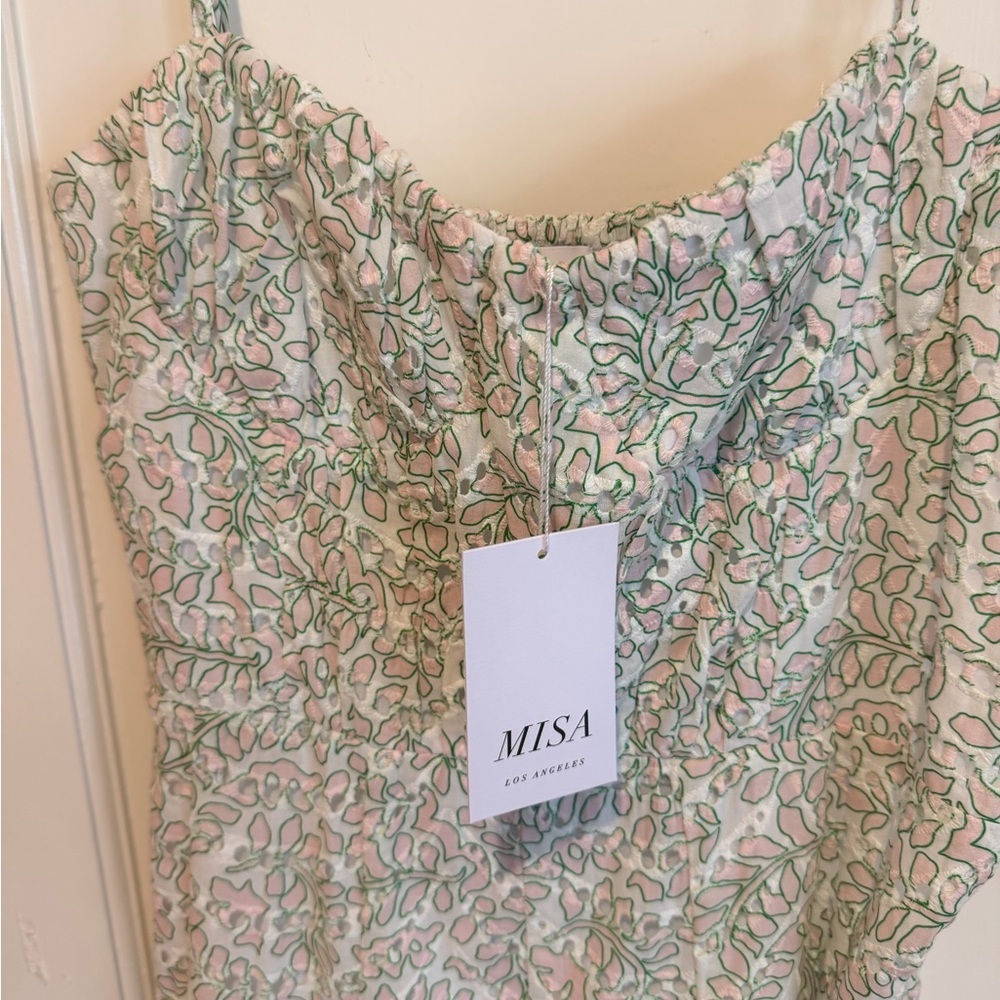 NWT Misa Los Angeles Lace Midi Dress in white/pink & green - Picture 8 of 10